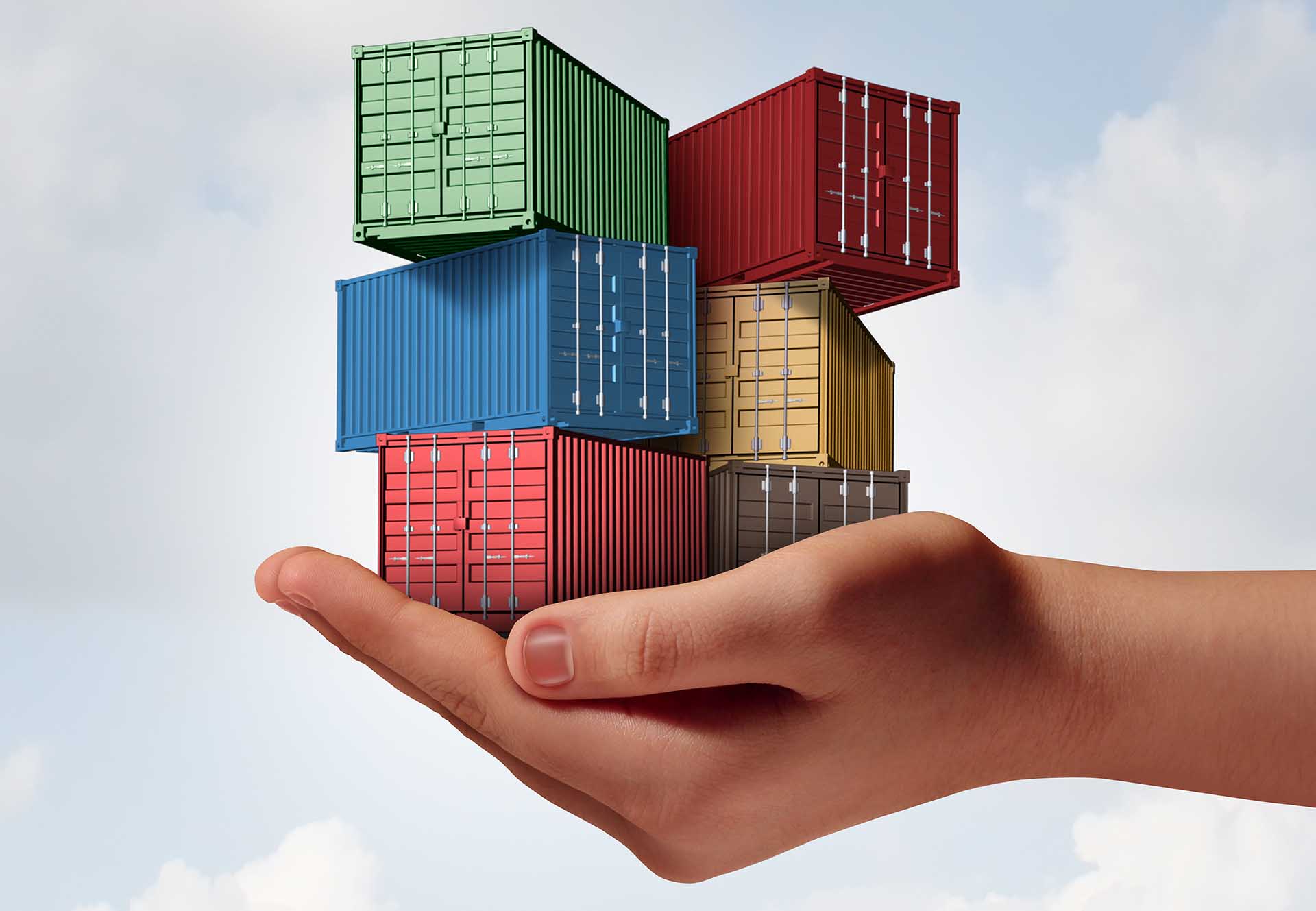 Cargo shipping support concept as a hand holding a group of freight containers as a transport and logistics or commerce metaphor with 3D illustration elements.